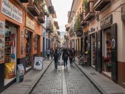  fotografía de una calle empedrada y estrecha, con edificios de estilo colonial a ambos lados