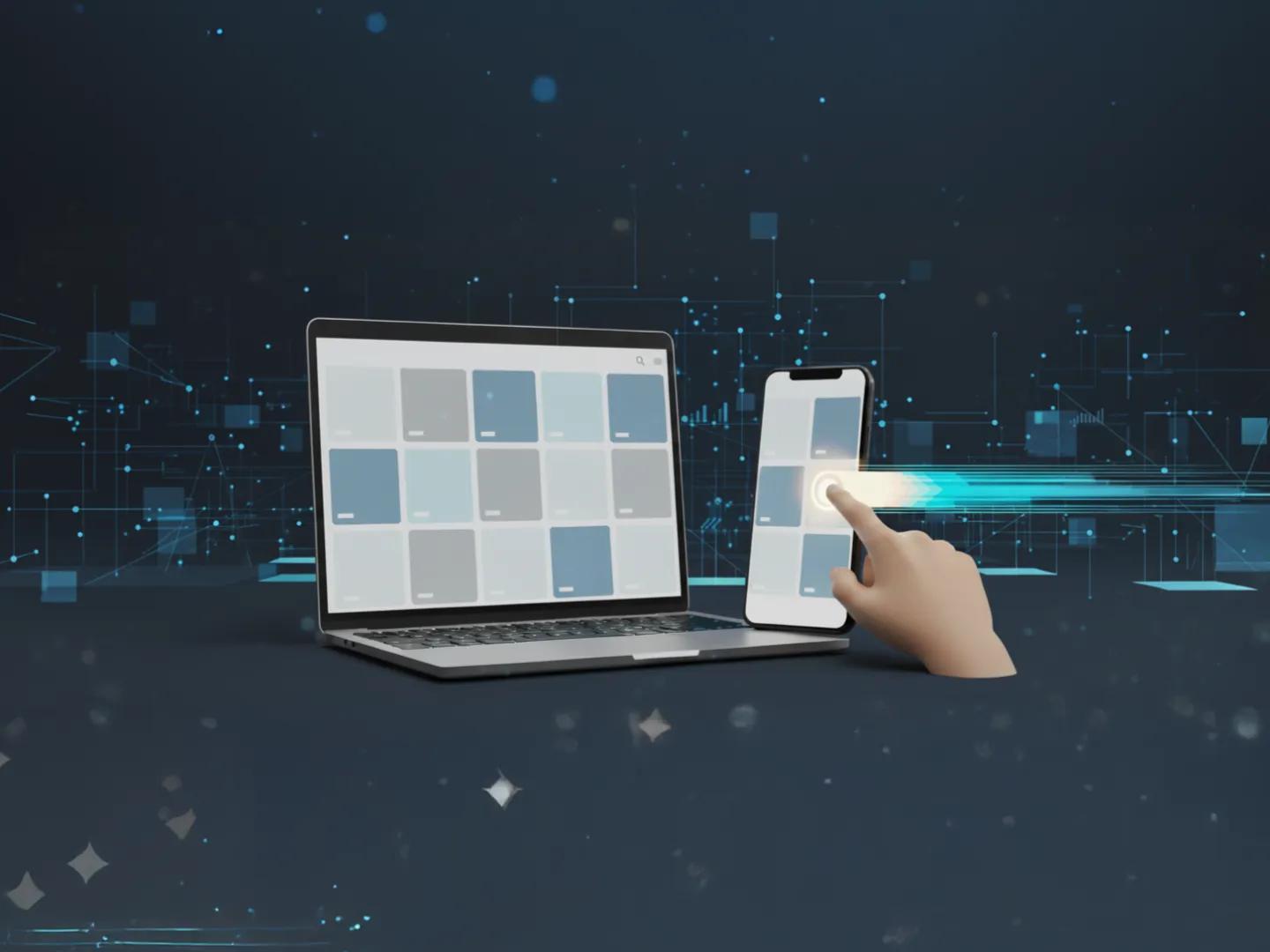 Portátil y smartphone en fondo tech azul; dedo toca pantalla y genera estela luminosa, simbolizando rapidez y rendimiento web.