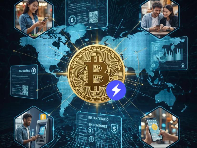 Mapa global con Bitcoin y Lightning en el centro, rodeado de personas realizando transacciones instantáneas y sin comisiones, simbolizando el futuro financiero.