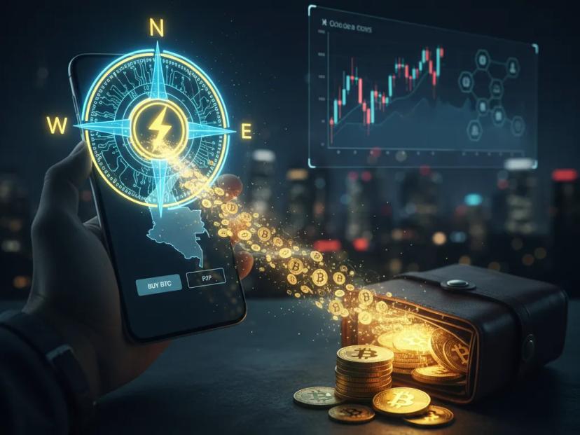 Una mano sostiene un smartphone con una brújula digital luminosa y el mapa de Colombia, mientras Bitcoin dorados fluyen hacia una billetera de cuero