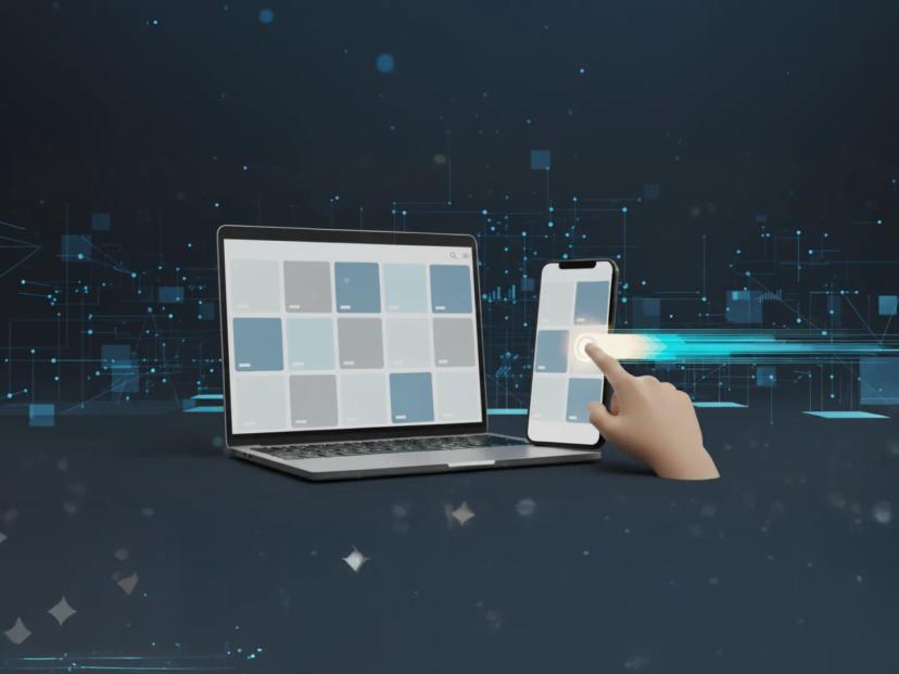 Portátil y smartphone en fondo tech azul; dedo toca pantalla y genera estela luminosa, simbolizando rapidez y rendimiento web.