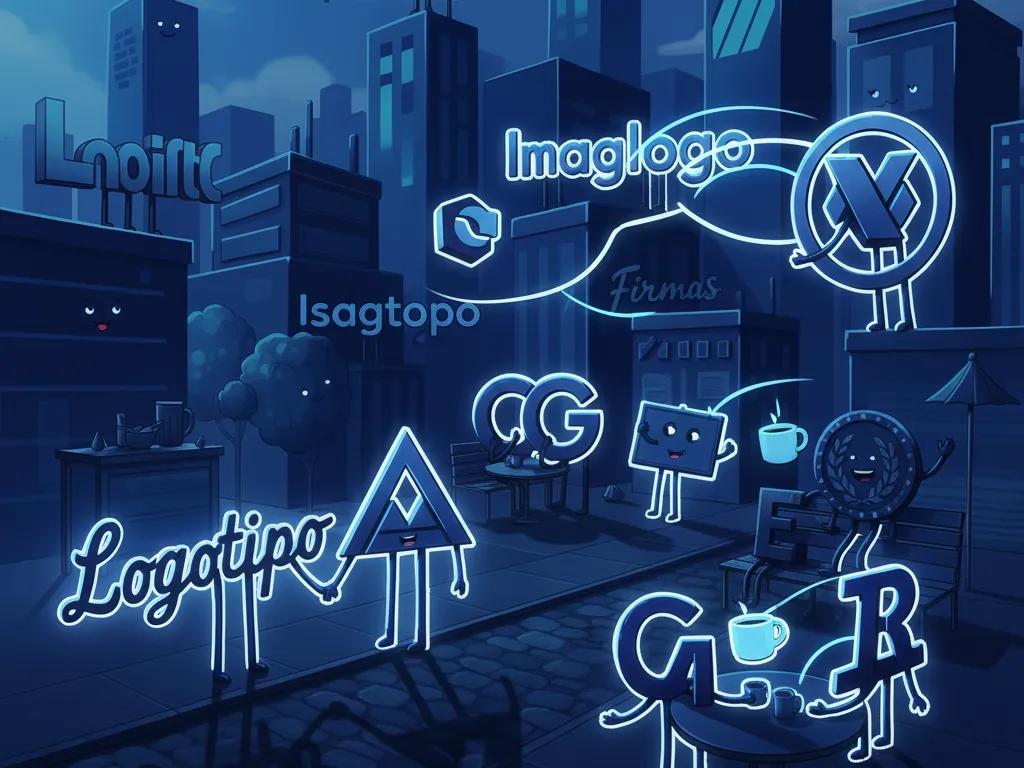Logos azules humanizados interactúan en una ciudad oscura con neón brillante y ambiente onírico.